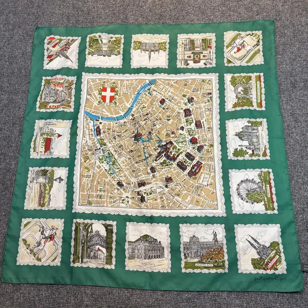 Vintage Striessnig Wien Germany Rhine River Castles Map Polyester Scarf Green